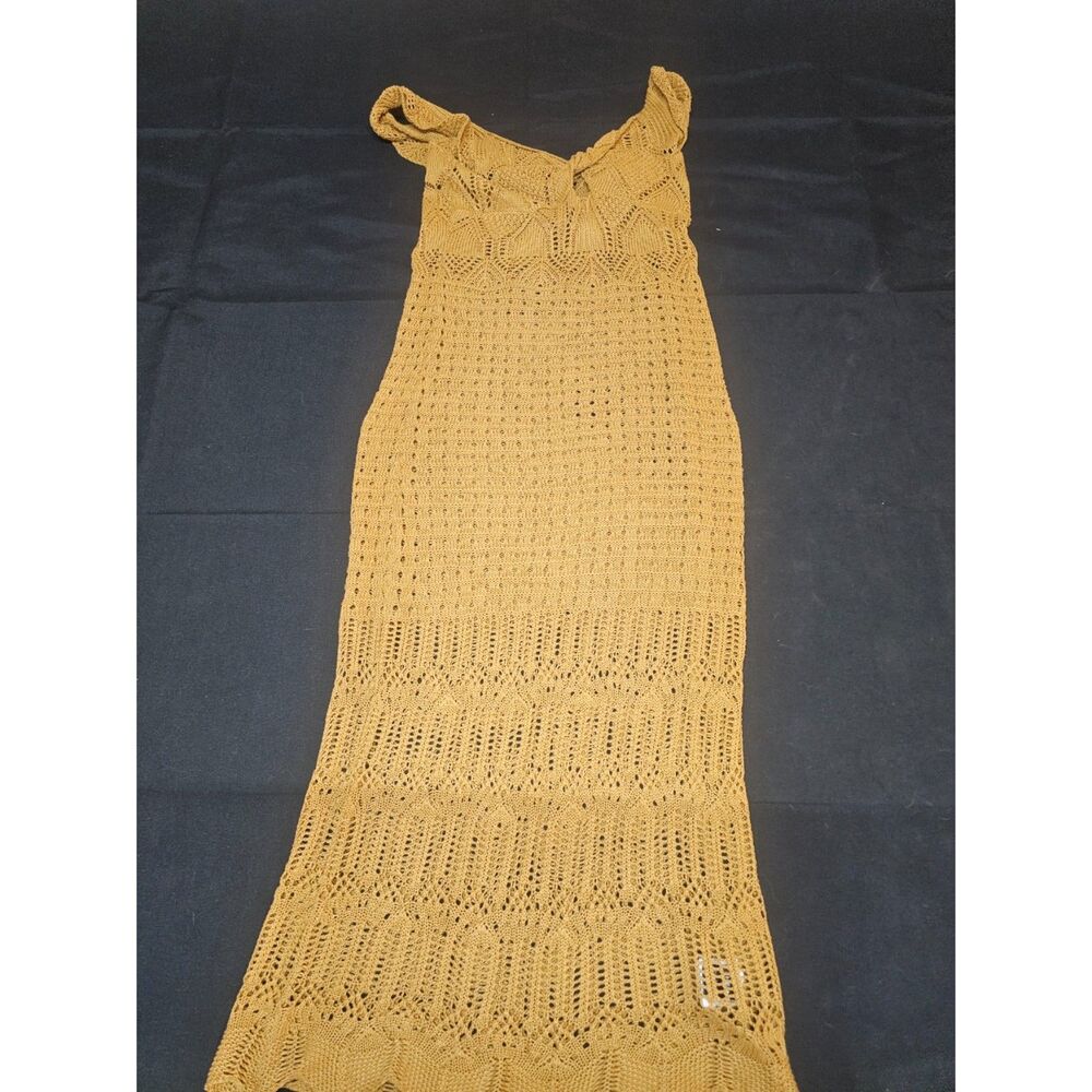 Boho Mustard Yellow Pointelle Knit Crochet Maxi Dress Swim Cover-Up Size m